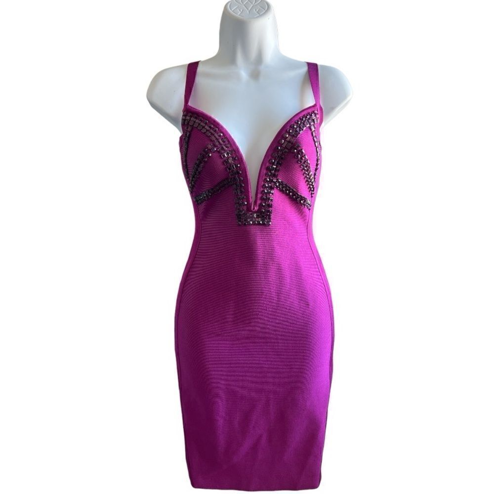 MARCIANO Purple V-Neckline Bandage Dress Size S.